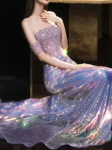 Glitter Off Shoulder Beaded Sequin Mermaid Prom Purple Formal Evening Gown Y8182 - View 4 | VelvetHem