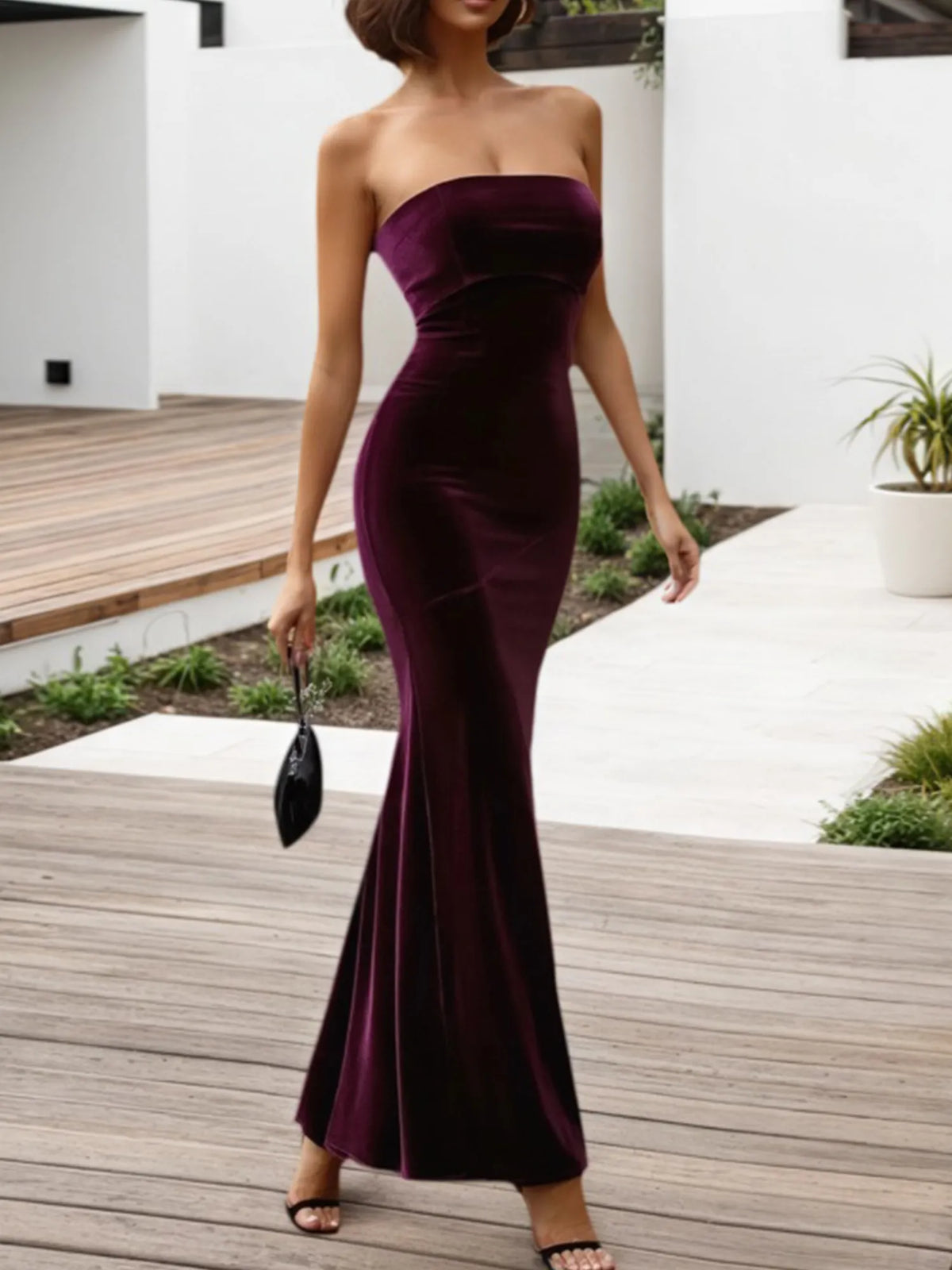 Cocktail Party Velvet Dress Dark Purple Strapless Mermaid Maxi Dress - FashionDia