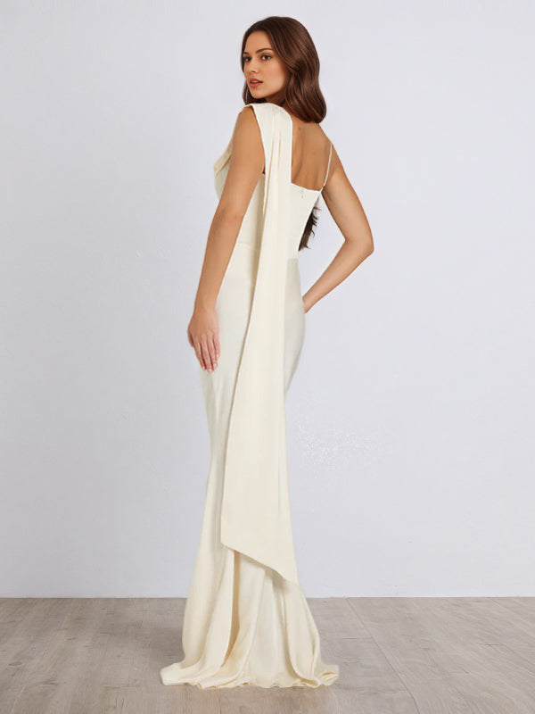 Ivory Satin Asymmetrical Neck Sleeveless Floor Length Dress With 3D Flower