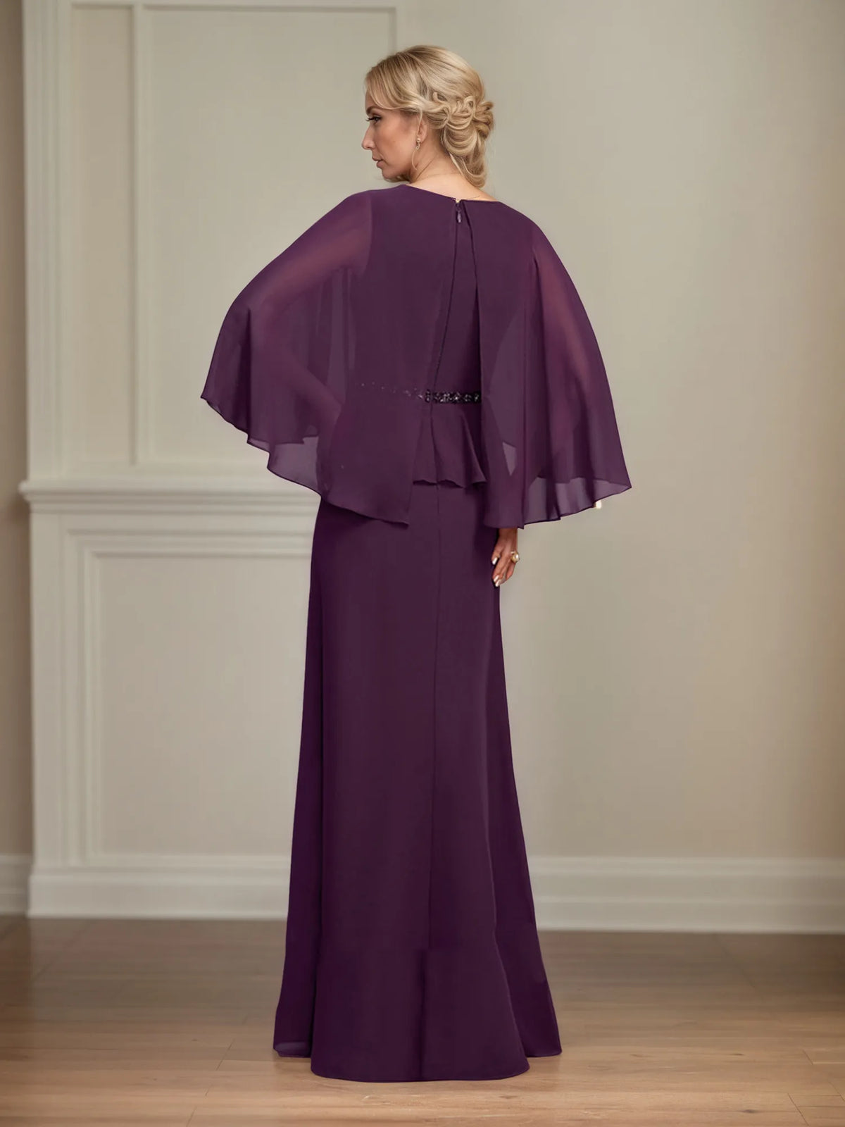 A-line Scoop Floor-Length Chiffon Mother of the Bride Dress With Pleated Sequins Beading - View 2 | FashionDia