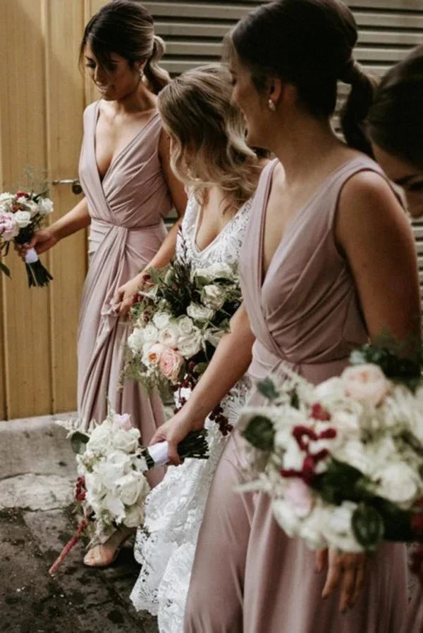 A Line Chiffon V Neck Sleeveless Floor Length Ruched Bridesmaid Dress