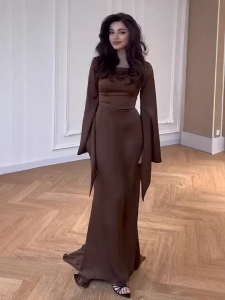 Brown Batwing Sleeve Robe Dress