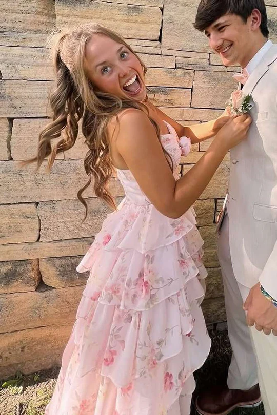 Pink A-Line Strapless Empire-Waist V-Neck Ruffles Print Prom Dress - View 2 | FashionDia