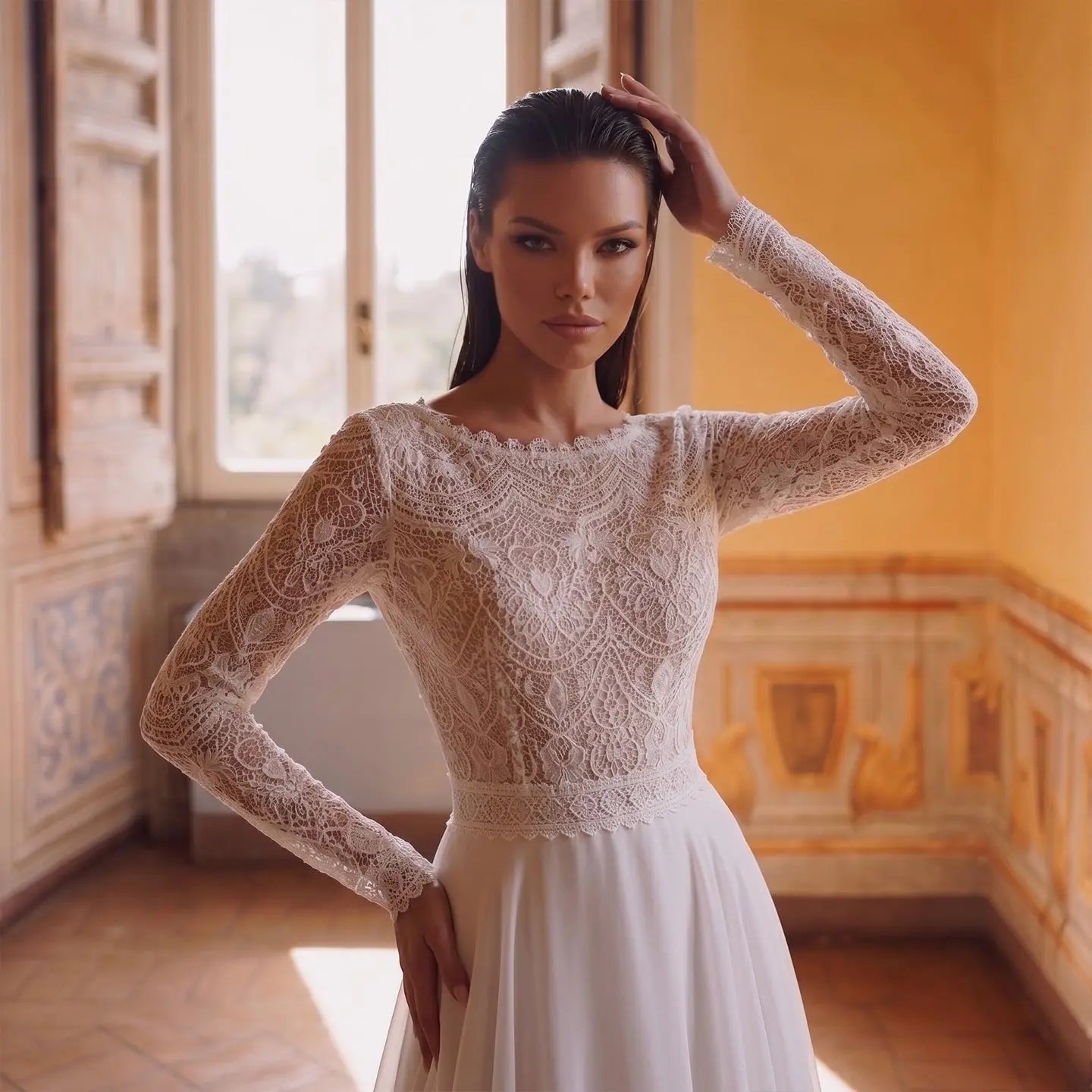 Glamorous White Long Sleeve Lace Wedding Dress with Removable Chiffon Overlay ZP058