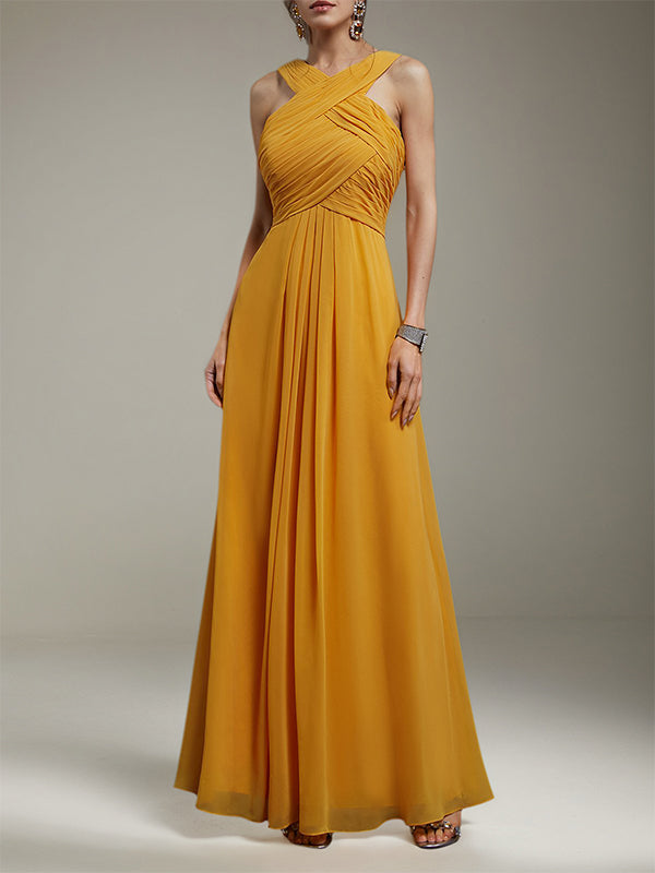 A Line Yellow Chiffon Cross Neck Sleeveless Floor Length Dress
