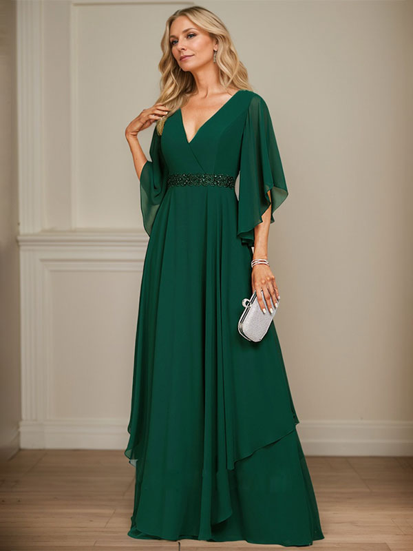 A-line V-Neck Floor-Length Chiffon Mother of the Bride Dress With Sequins Appliques Lace Beading - View 3 | FashionDia
