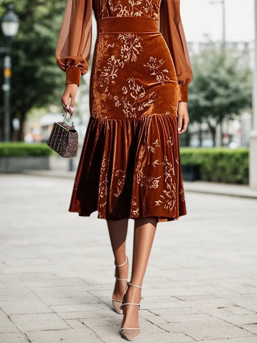 Caramel Mesh Velvet Crew Neck Long Sleeve Balloon Sleeve Mermaid Midi Dress - View 3 | FashionDia