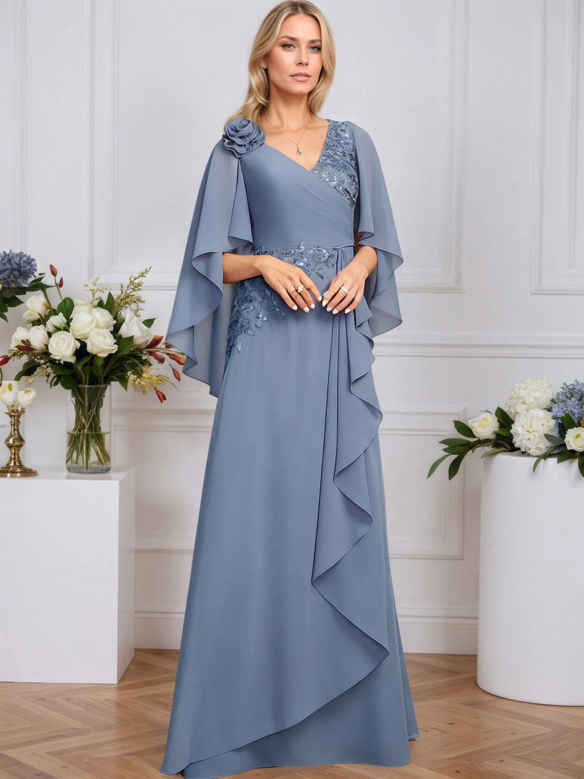 A-line V-Neck Floor-Length Lace Chiffon Mother of the Bride Dress With 3D Floral Sequins Cascading Ruffles - View 3 | FashionDia
