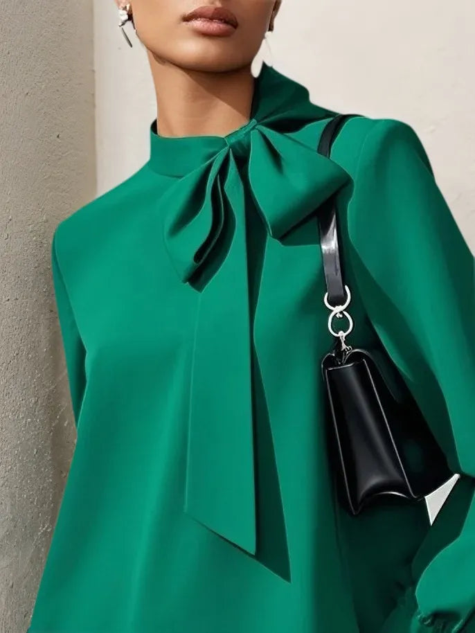 Green Bow Classic Tie Neck Long Sleeve A-Line Mini Dress - View 3 | FashionDia