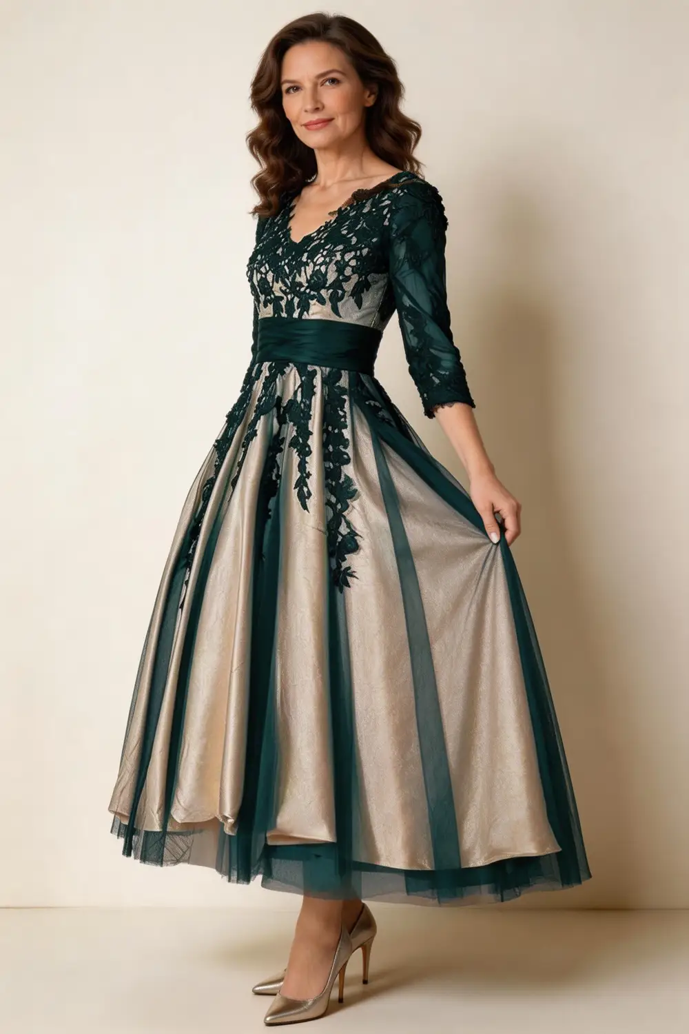Dark Green Lace Applique Champagne Satin Mother Of The Bride Dress (ZD17159) - View 3 | VelvetHem