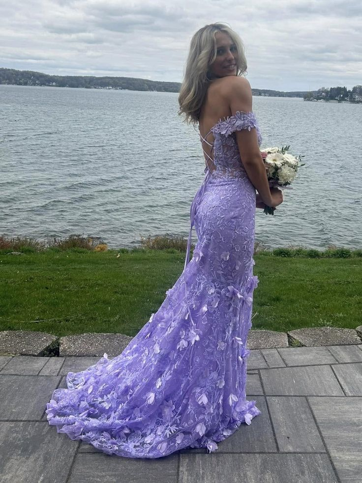 Purple Off-the-Shoulder Tullelace Appliques Evening Dress Slit Mermaid Party Dress - View 2 | FashionDia