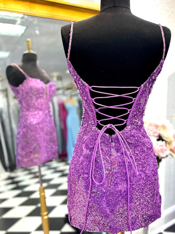 Sparkly Sequin Spaghetti Straps Lace Up Tight Homecoming Dress
