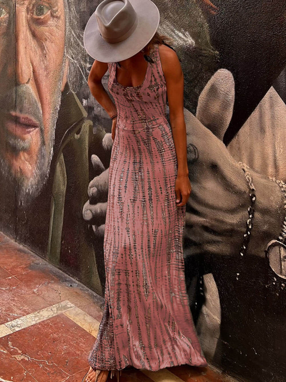 Tie - dye Print Back Lace - up Stretch Maxi Dress