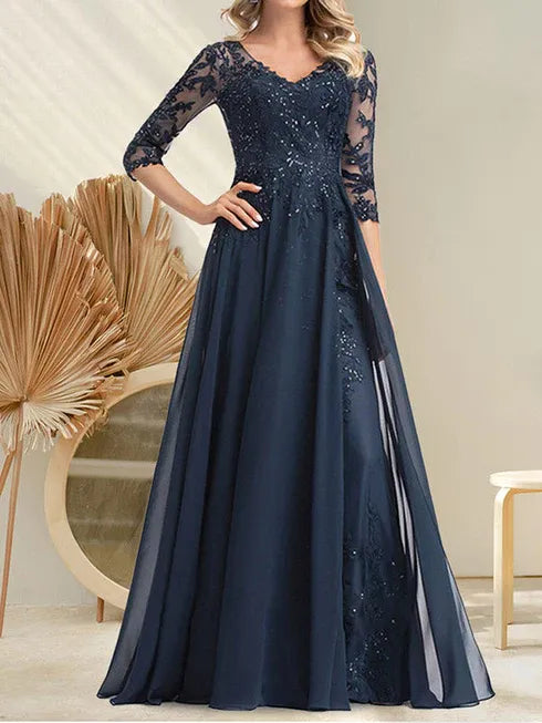 A-line V-Neck Floor-Length Lace Chiffon Mother of the Bride Dress With Sequins - View 3 | FashionDia