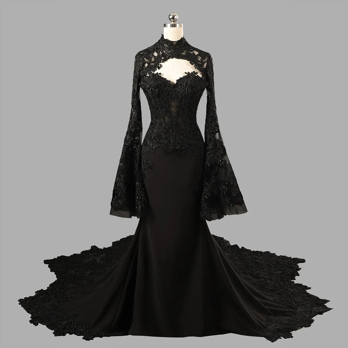 Black Luxury Gothic Wedding Dress Sheer Lace Mermaid ZP200
