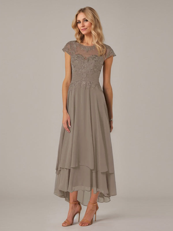 A-line Boat Neck Illusion Asymmetrical Chiffon Lace Mother of the Bride Dress With Applique Pleats - View 3 | FashionDia
