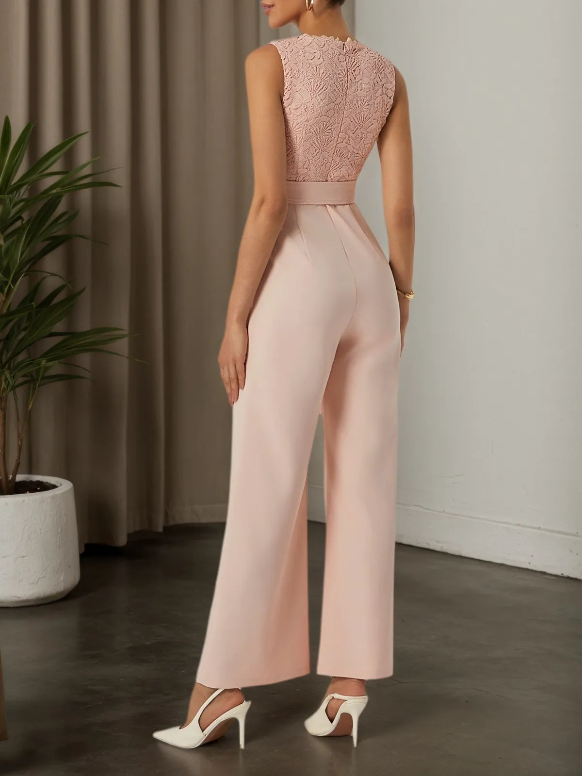 Women Pink Lace V-Neck Sleeveless Ankle Length Dressy Jumpsuit - View 2 | FashionDia