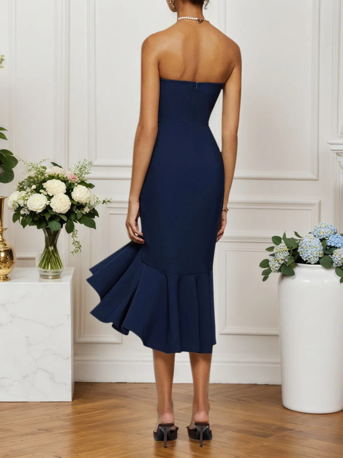 Dark Blue 3D Floral Strapless Mermaid Midi Dress - View 2 | FashionDia