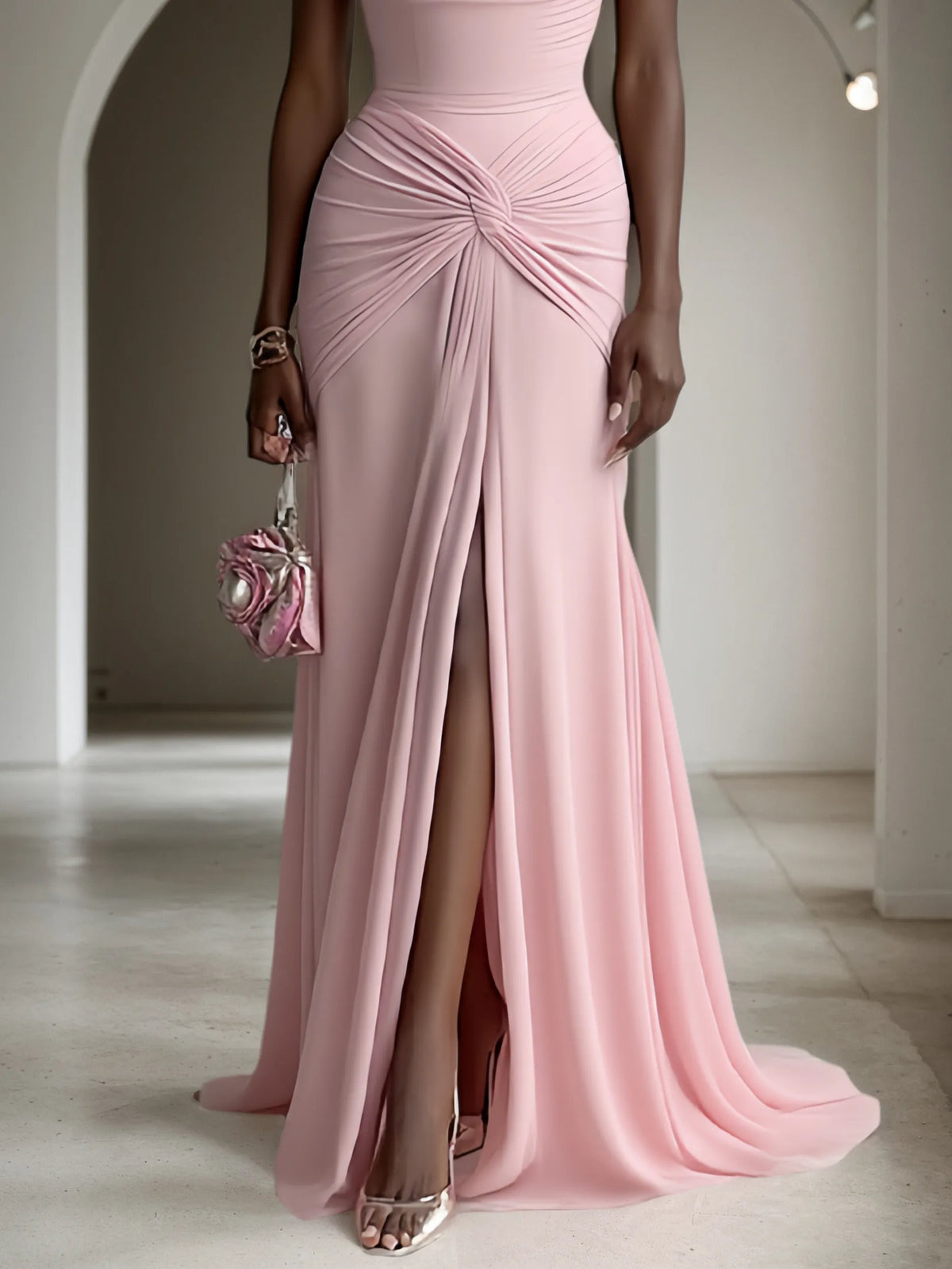 Pink Ruched Slit Formal Dress Cowl Neck Sleeveless A-Line Gown Dress - View 3 | FashionDia