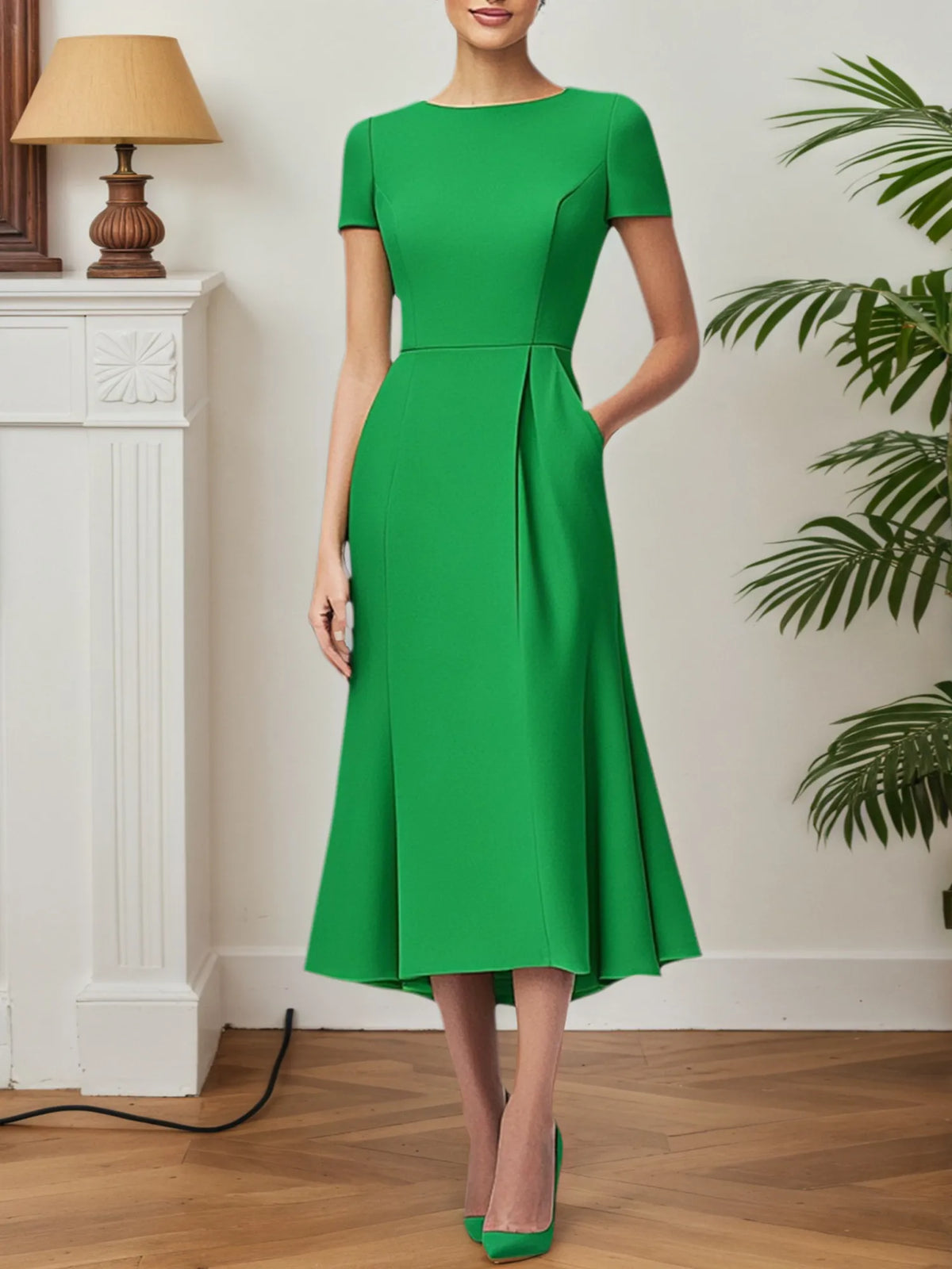 Party Cocktial Dress Green A-Line With Pockets Midi Dress - FashionDia