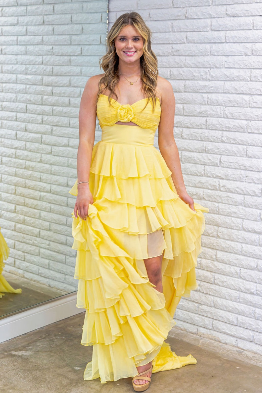 Sweety A-Line Sweetheart Pink Printed Long Tiered Prom Dress with Slit