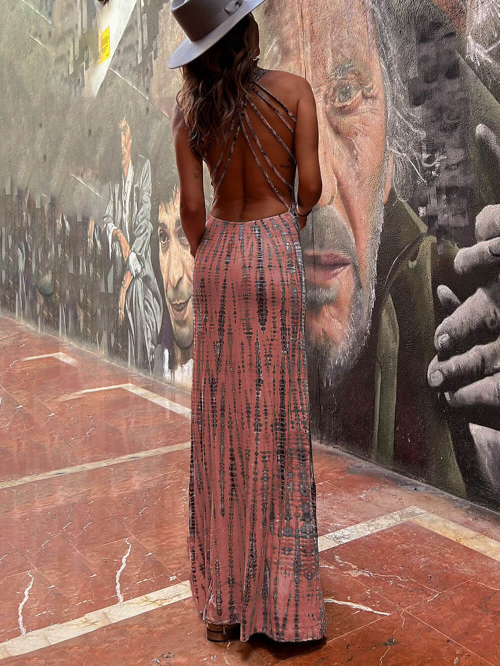 Tie - dye Print Back Lace - up Stretch Maxi Dress