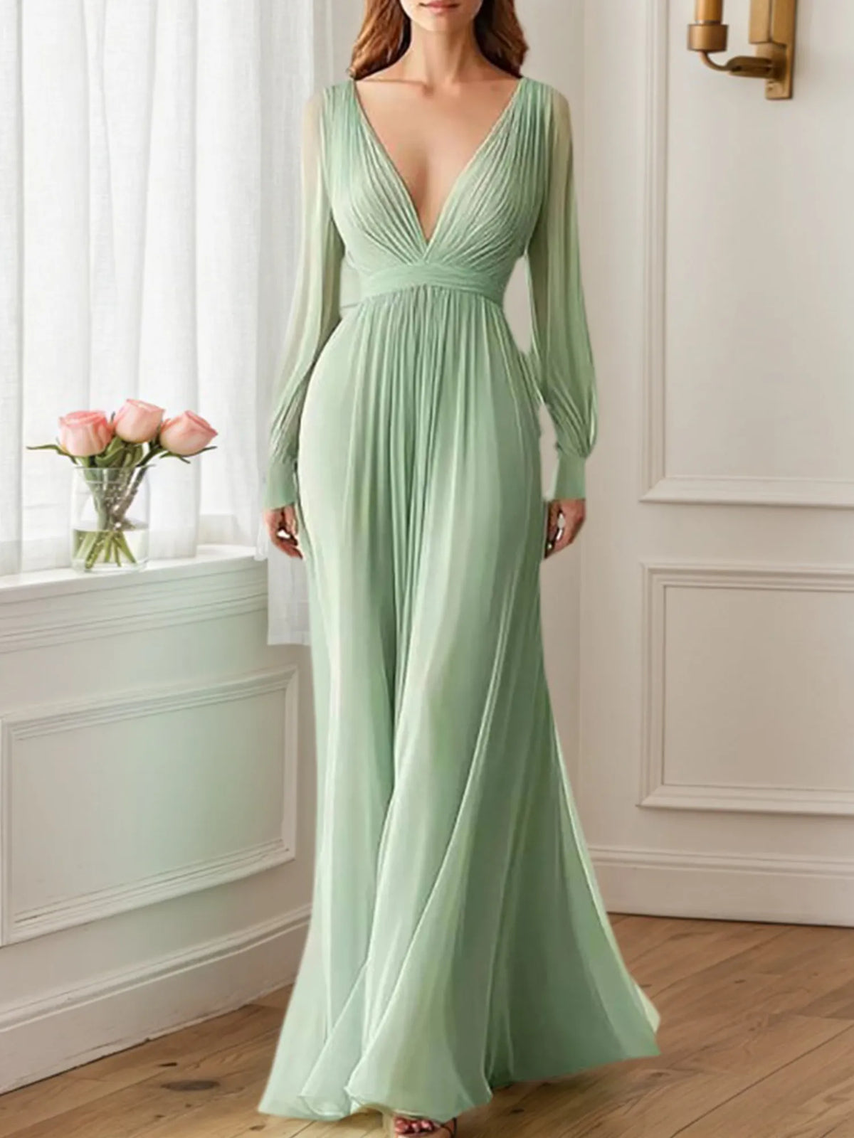 Formal Evening V-Neck Dress Green Long Sleeve Maxi Dress - FashionDia