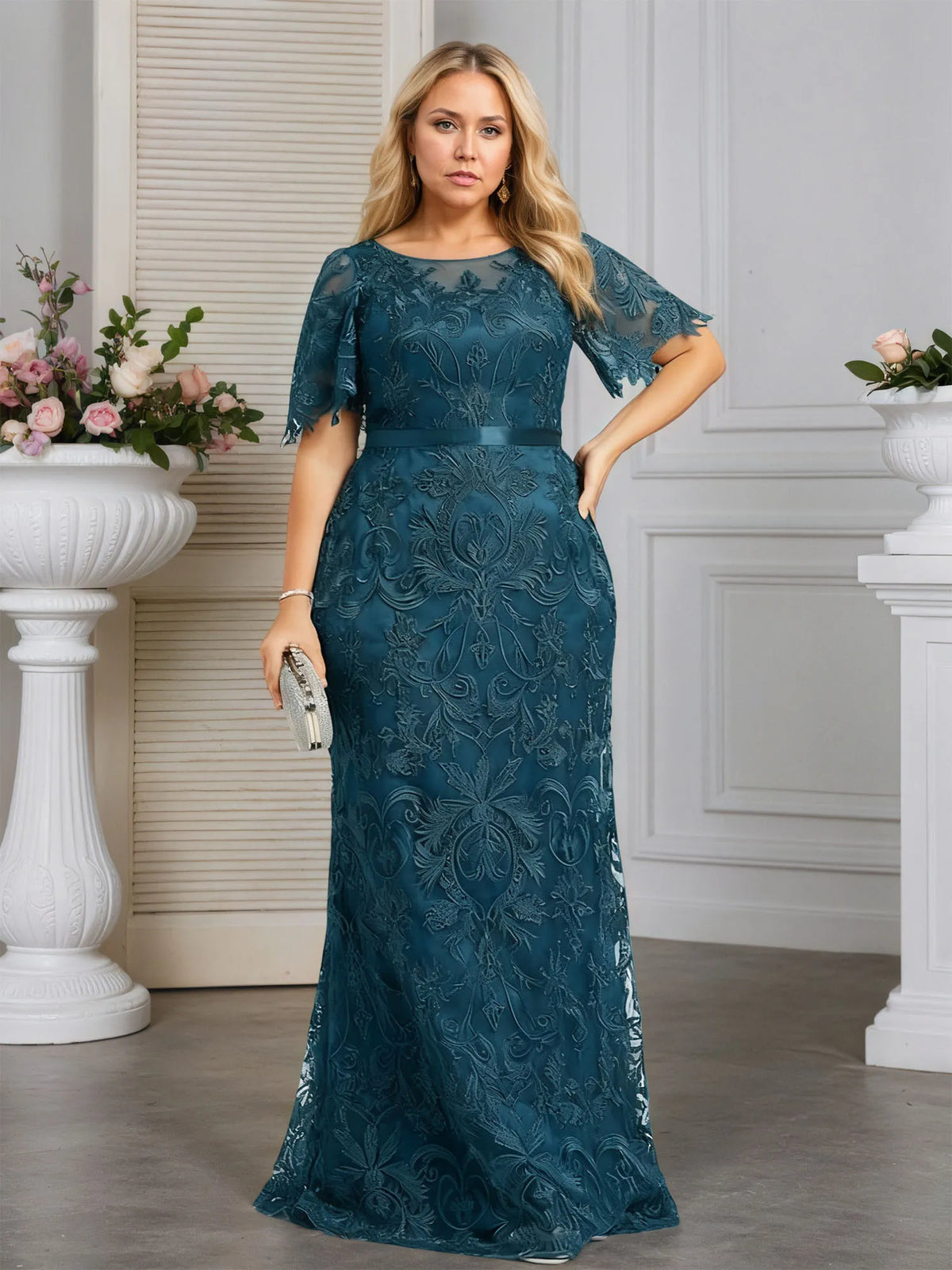 A-line Scoop Neck Floor-Length Lace Evening Dress With Appliques - View 10 | FashionDia
