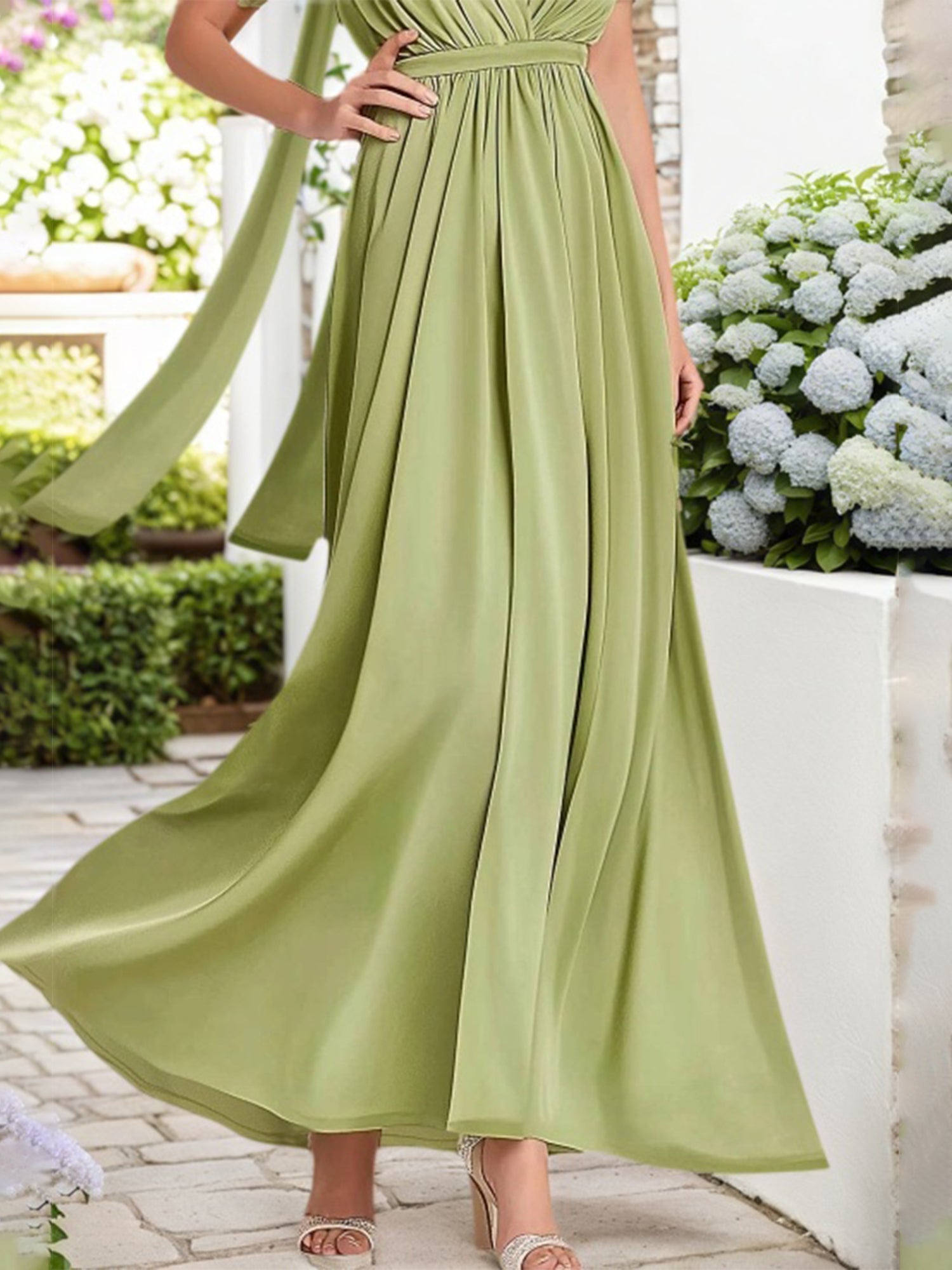 Fall Wedding Guest Dress Green Satin Pleated Maxi Dress with Scarf