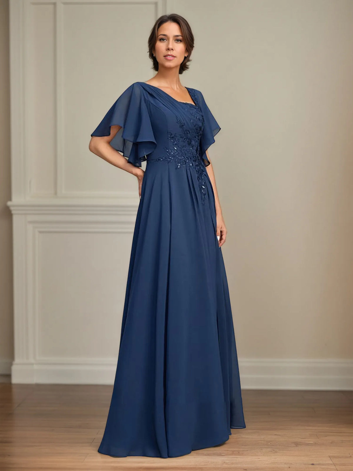 A-Line Asymmetrical Floor-Length Lace Chiffon Mother of the Bride Dress With Pleated Sequins - View 3 | FashionDia
