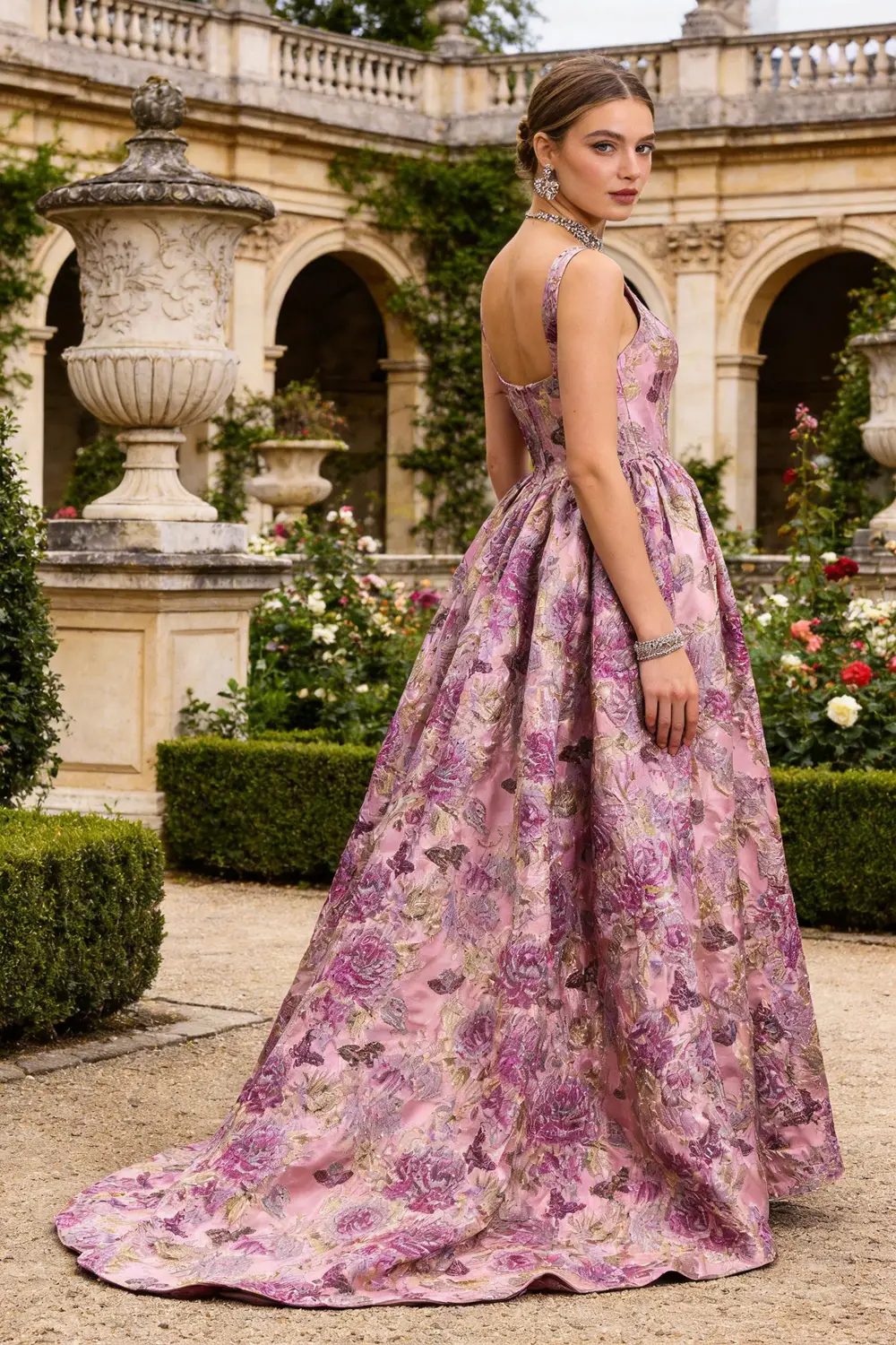 Floral Jacquard Square Neck Aline Evening Gown With Train (ZD17124)