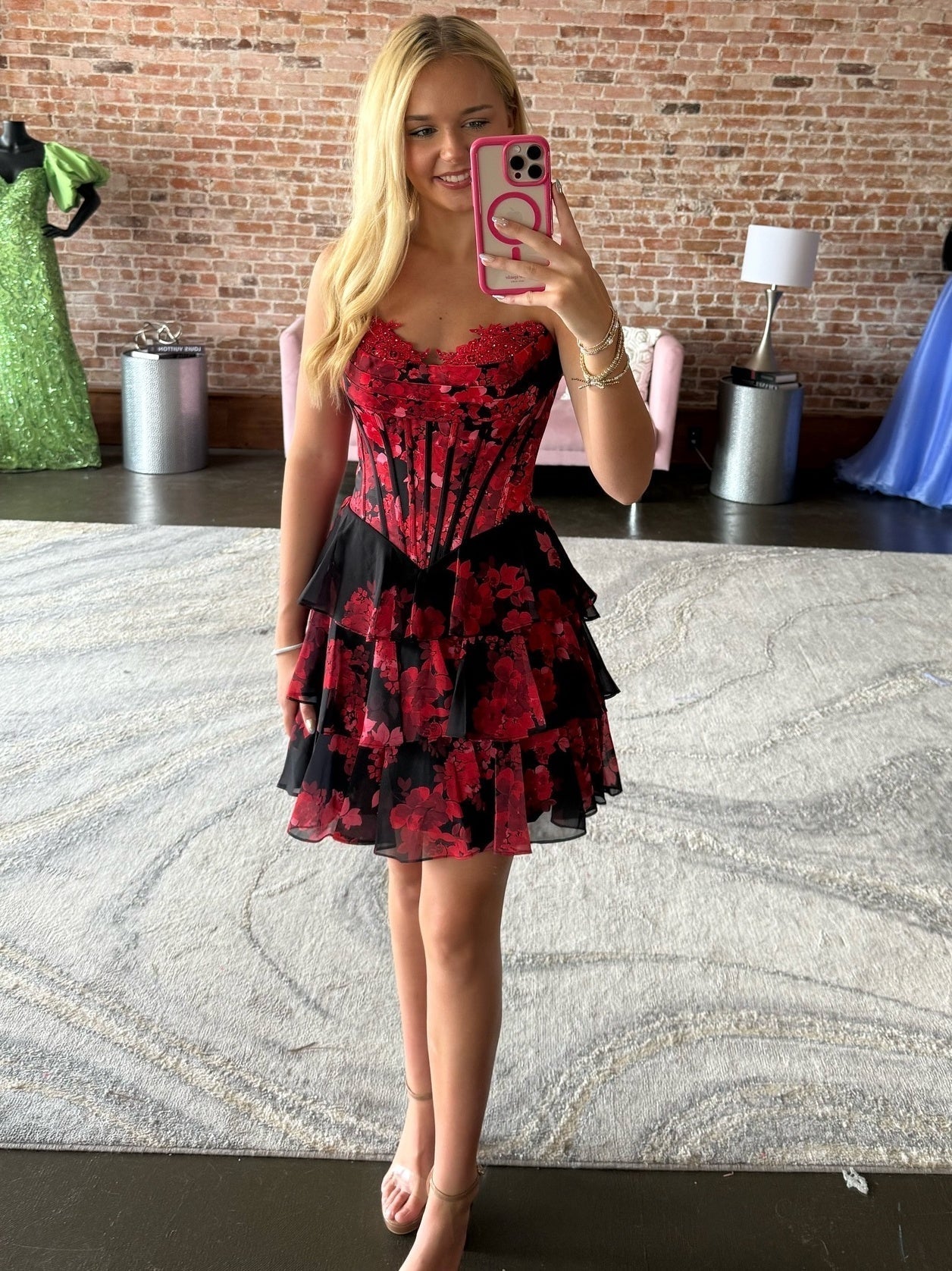 Chic A Line Sweetheart Red Printed Short Homecoming Dress with Ruffles