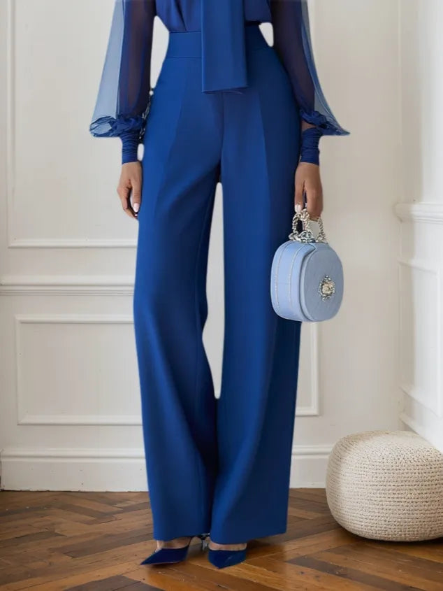 Women Royal Blue Mesh Bow Tie Neck Long Sleeve Dressy Jumpsuit - View 3 | FashionDia