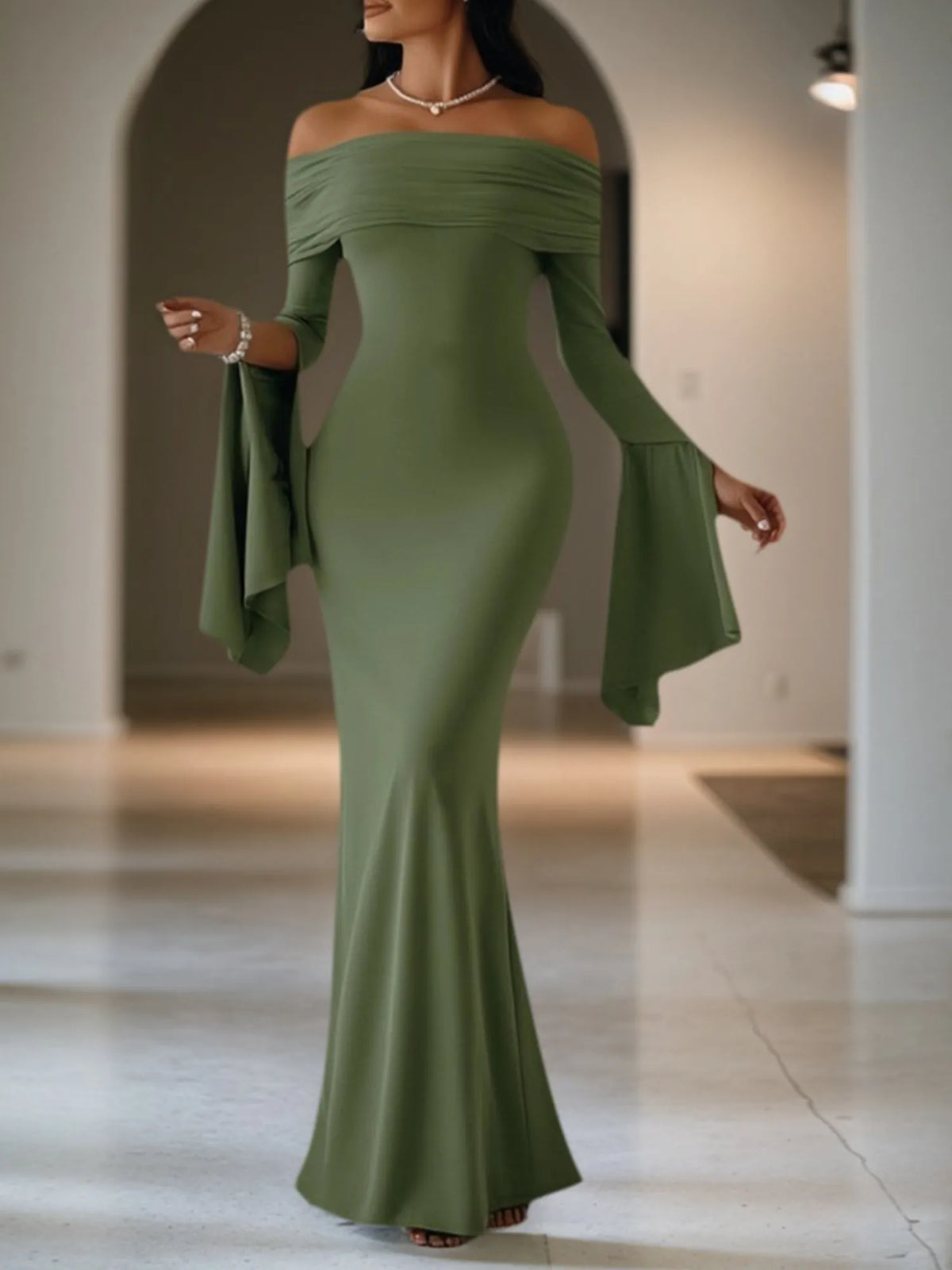 Formal Evening Dress Green Off-the-Shoulder Maxi Long Sleeve Dress - FashionDia