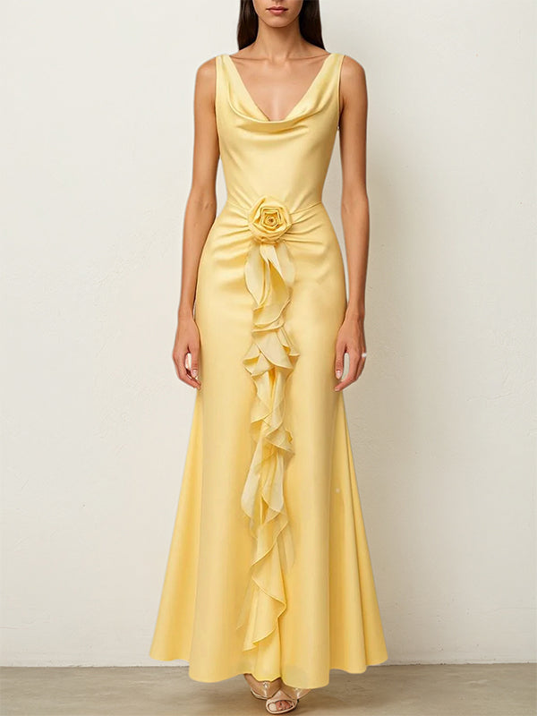 Yellow Satin Cowl Neck Sleeveless Floor-Length Dress With Floral Ruffled - FashionDia