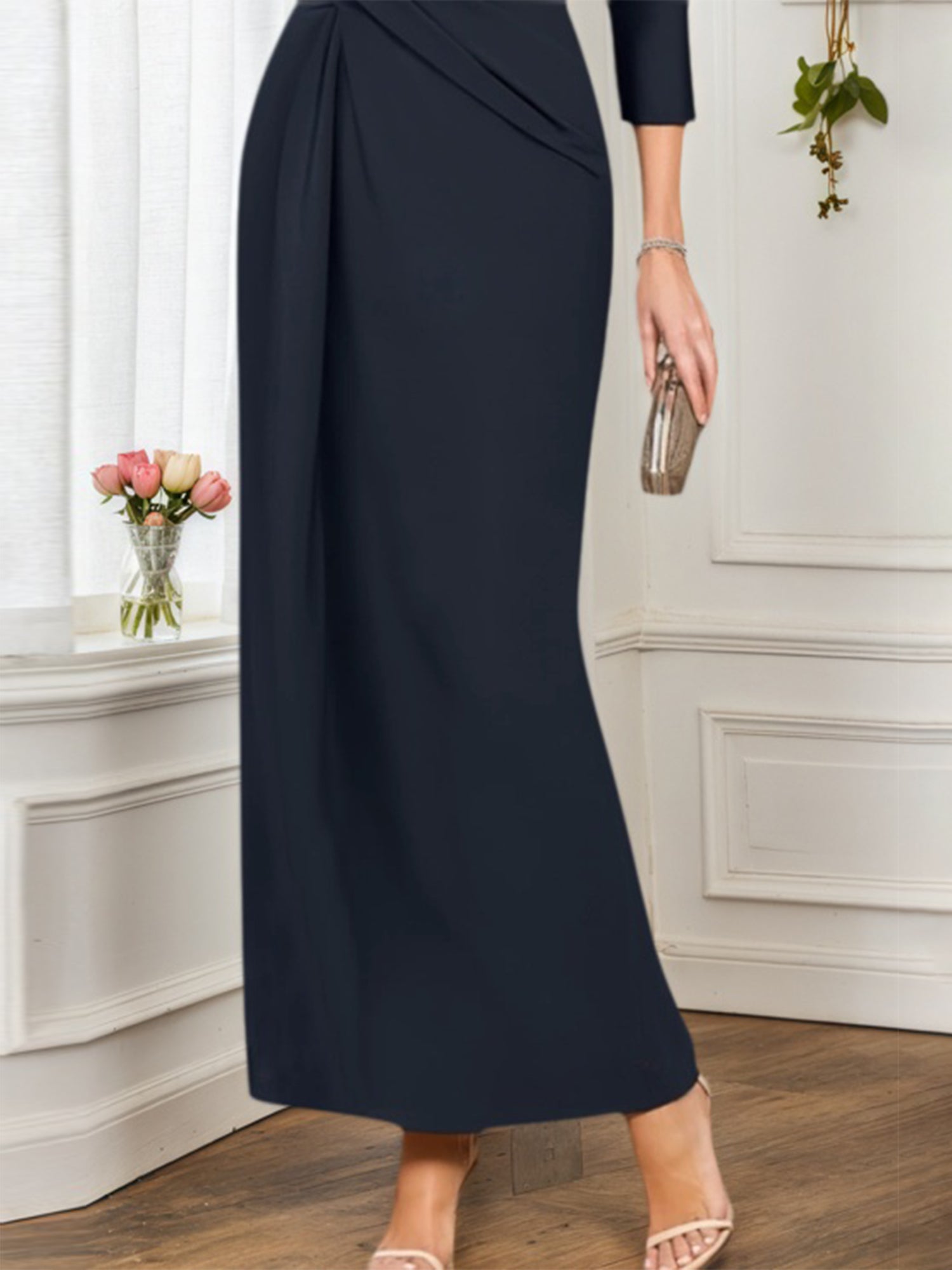 Mother of th Bride Dress Navy Boat Neck Maxi 3/4 Sleeve Dress