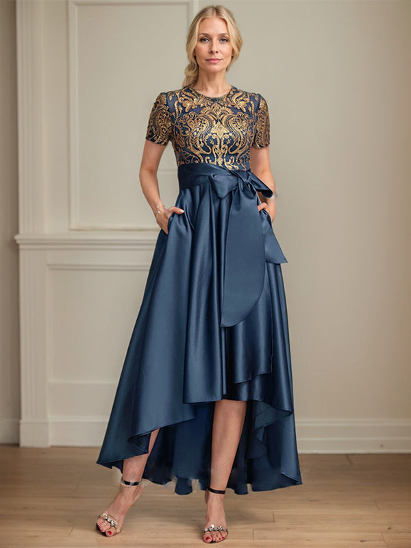 A-line Scoop Asymmetrical Satin Sequin Lace Mother of the Bride Dress With Bow - View 3 | FashionDia