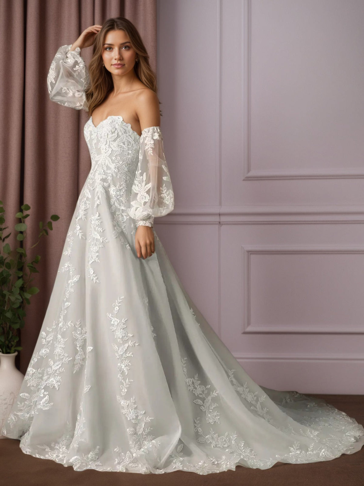 White Ball-Gown Strapless Lace Wedding Dress - View 3 | FashionDia
