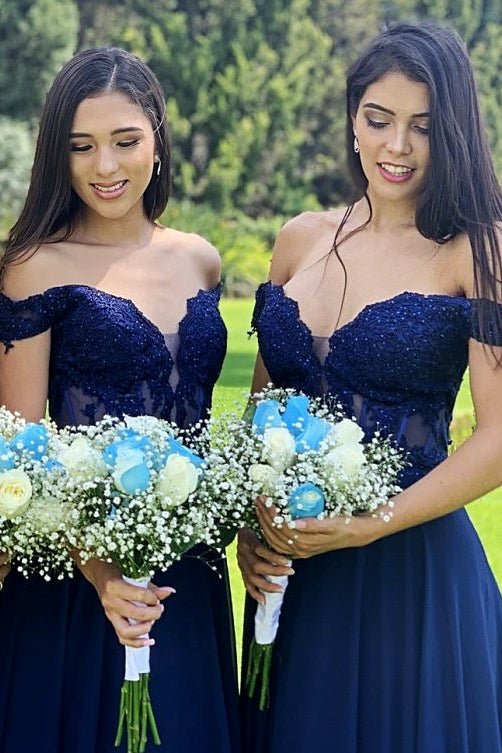 Indigo Lace Off-the-Shoulder A-Line Long Bridesmaid Dress - View 3 | FashionDia