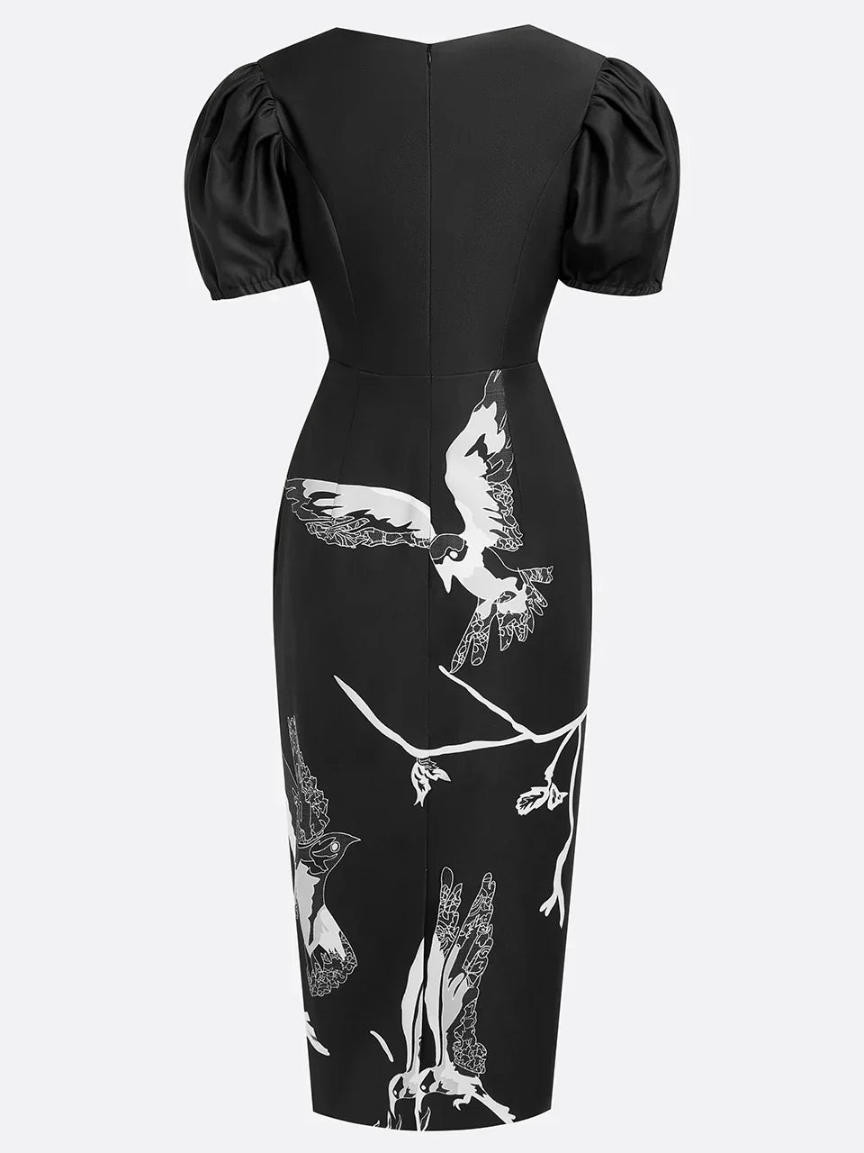 Black Folds V Neck Puff Sleeve Midi Sheath Dress