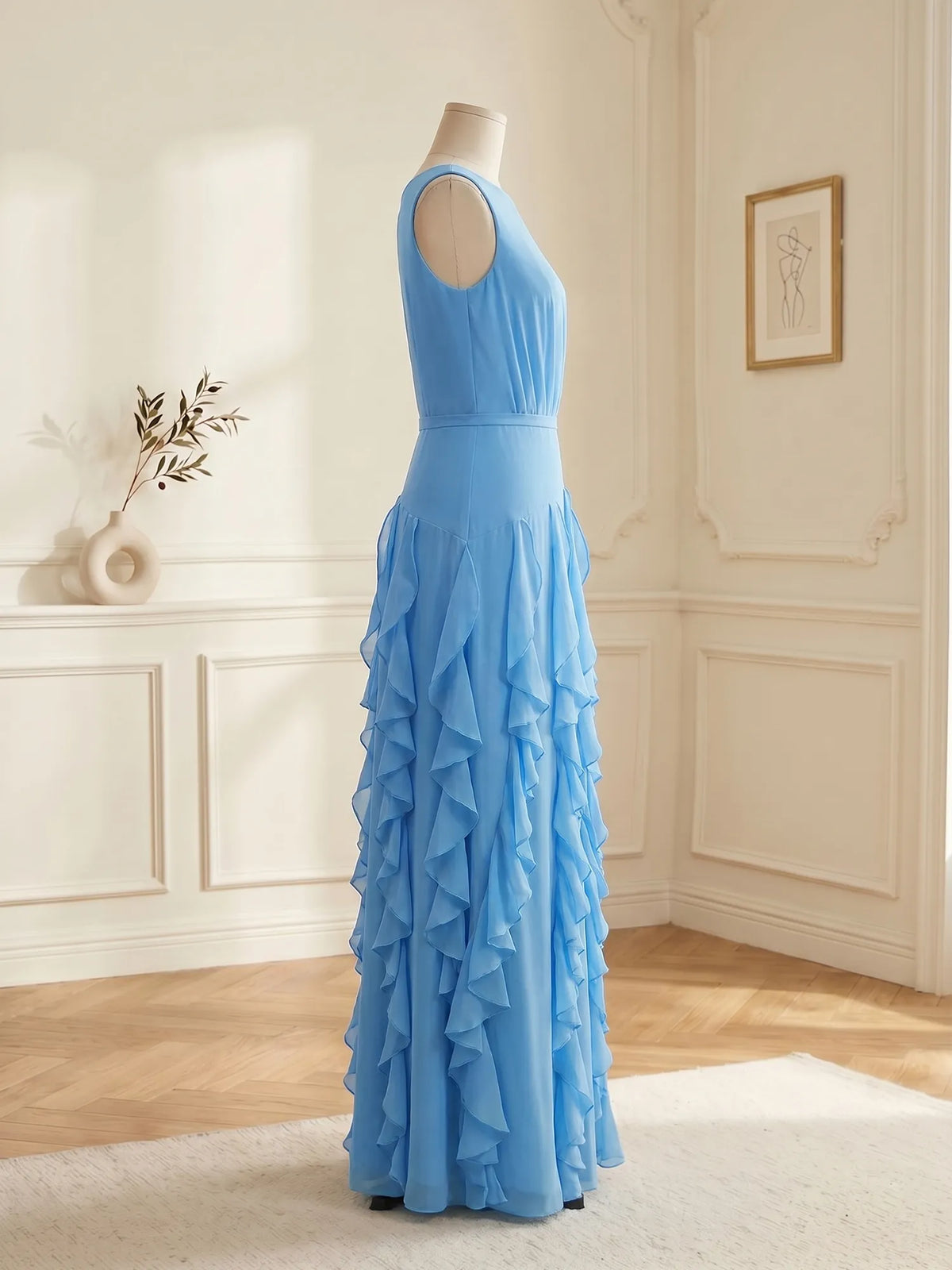 Sleeveless Tiered Chiffon Maxi Evening Gown with Ruched Bodice