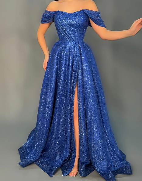 Sparkly Blue Off-the-Shoulder Sequins A-Line Prom Dress,Slit Party Evening Dress - FashionDia