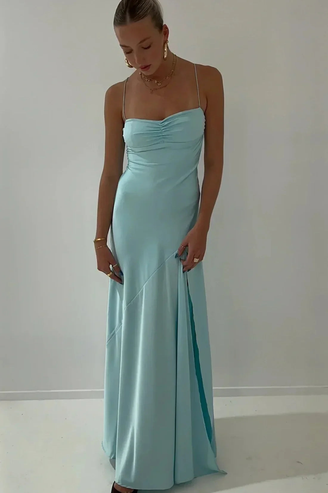 Simple Sheath Spaghetti Straps Pink Long Party Dress with Split Front