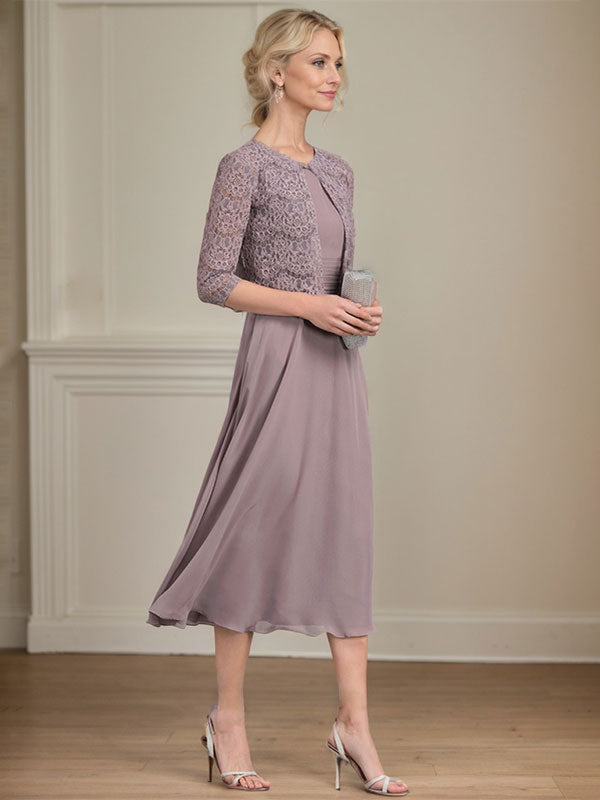 A-line Scoop Tea-Length Chiffon Mother of the Bride Dress With Pleated - View 3 | FashionDia