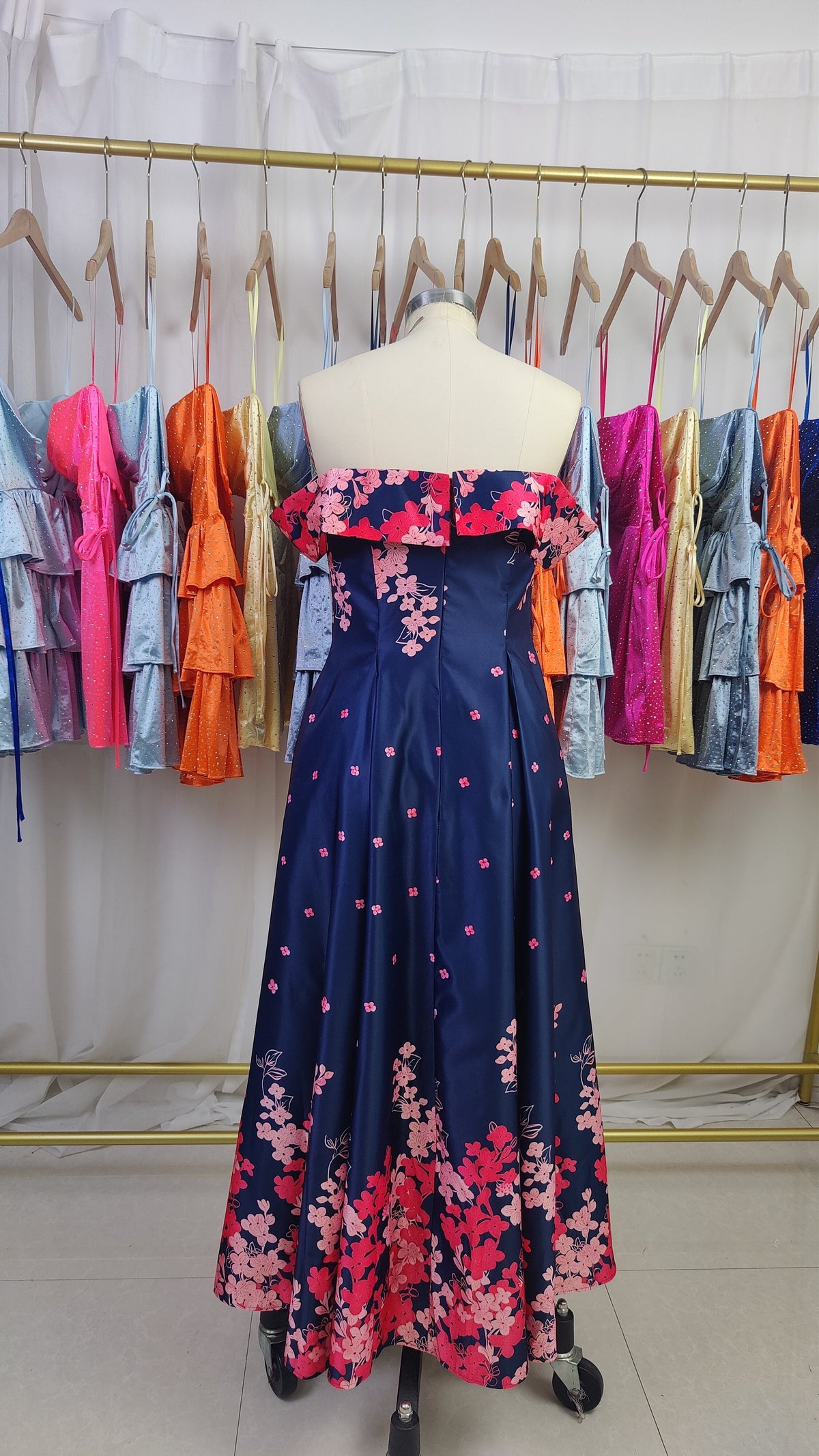 A-Line Off-the-Shoulder Ankle Length Satin Floral Mother of the Bride Dress - View 9 | FashionDia