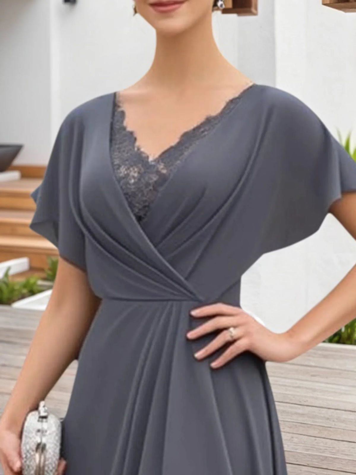 Mother of the Bride Dress Grey Lace V-Neck Chiffon Maxi Dress - View 3 | FashionDia