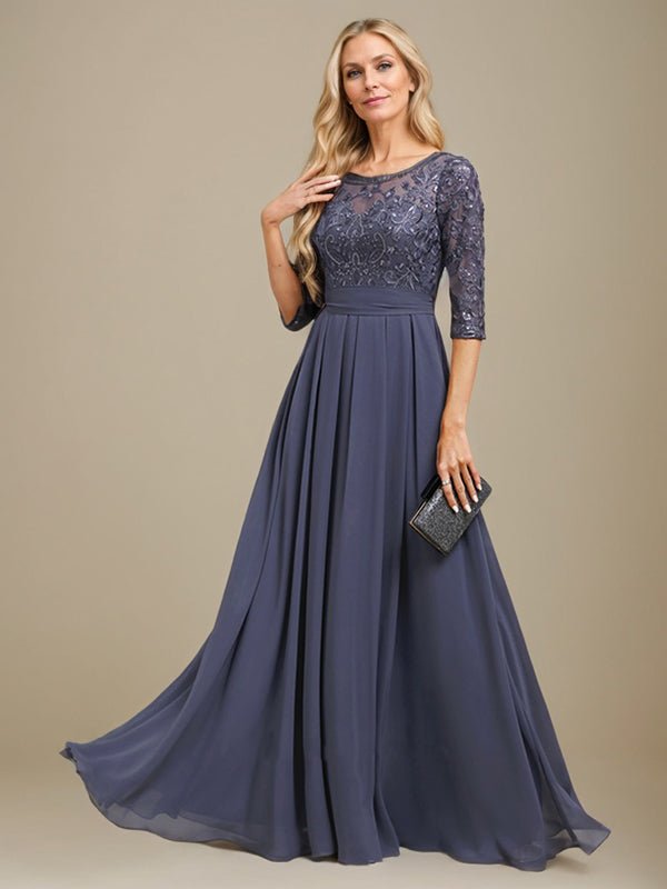 A-Line Scoop Floor-Length Lace Chiffon Mother Of the Bride Dress With Sequins Applique - View 3 | FashionDia