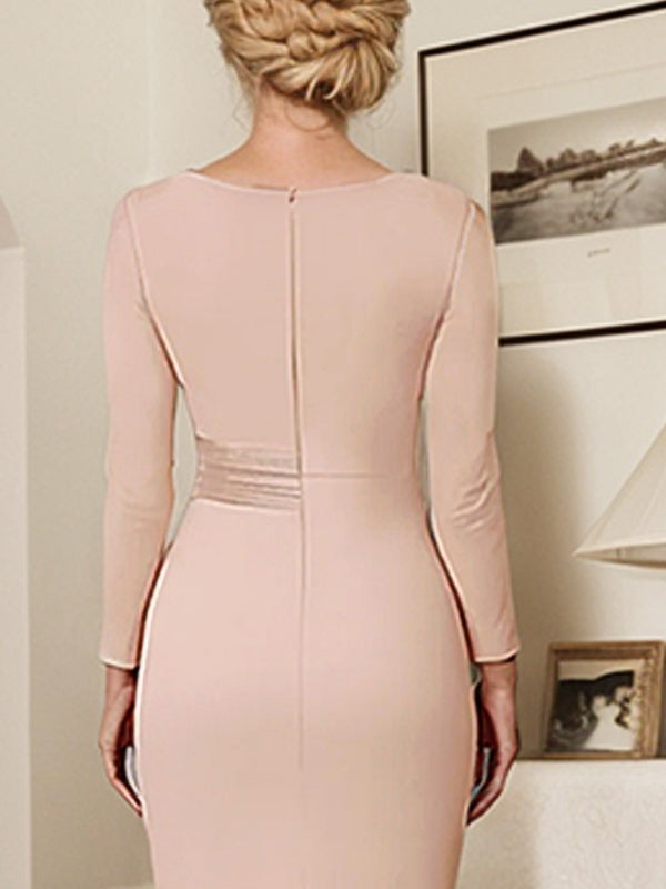 Elegant Blush Satin Sheath Mother of the Bride Dress with Long Sleeves - View 3 | FashionDia