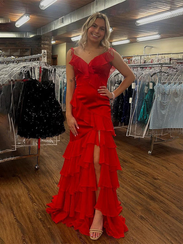Fuchsia Mermaid Spaghetti Straps Ruffles Long Prom Party Dress - View 6 | FashionDia