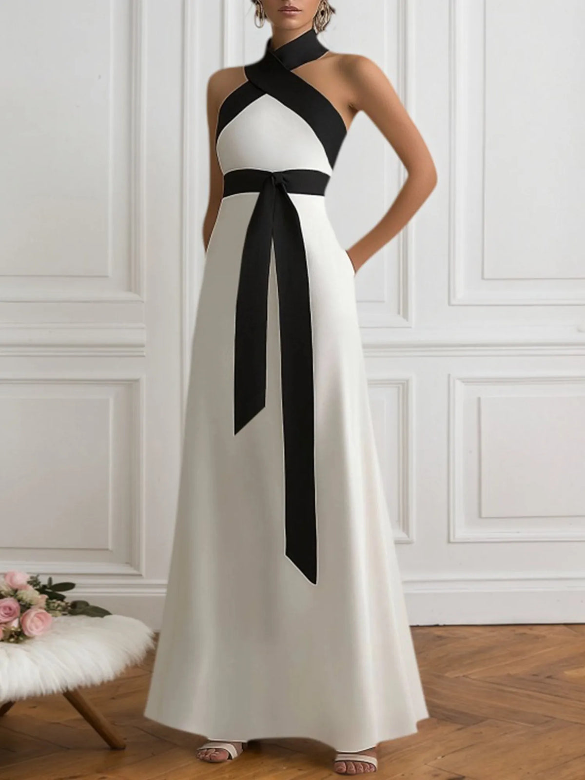 Formal Black and White Halter Cross-Neck Maxi Dress - FashionDia
